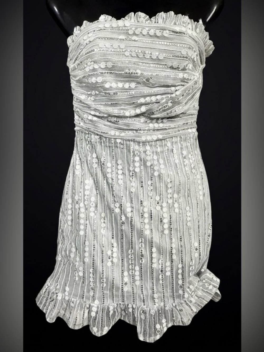 Lulus Sparkle Source Silver Sequin Strapless Ruffle Hem Mini Party Dress XS